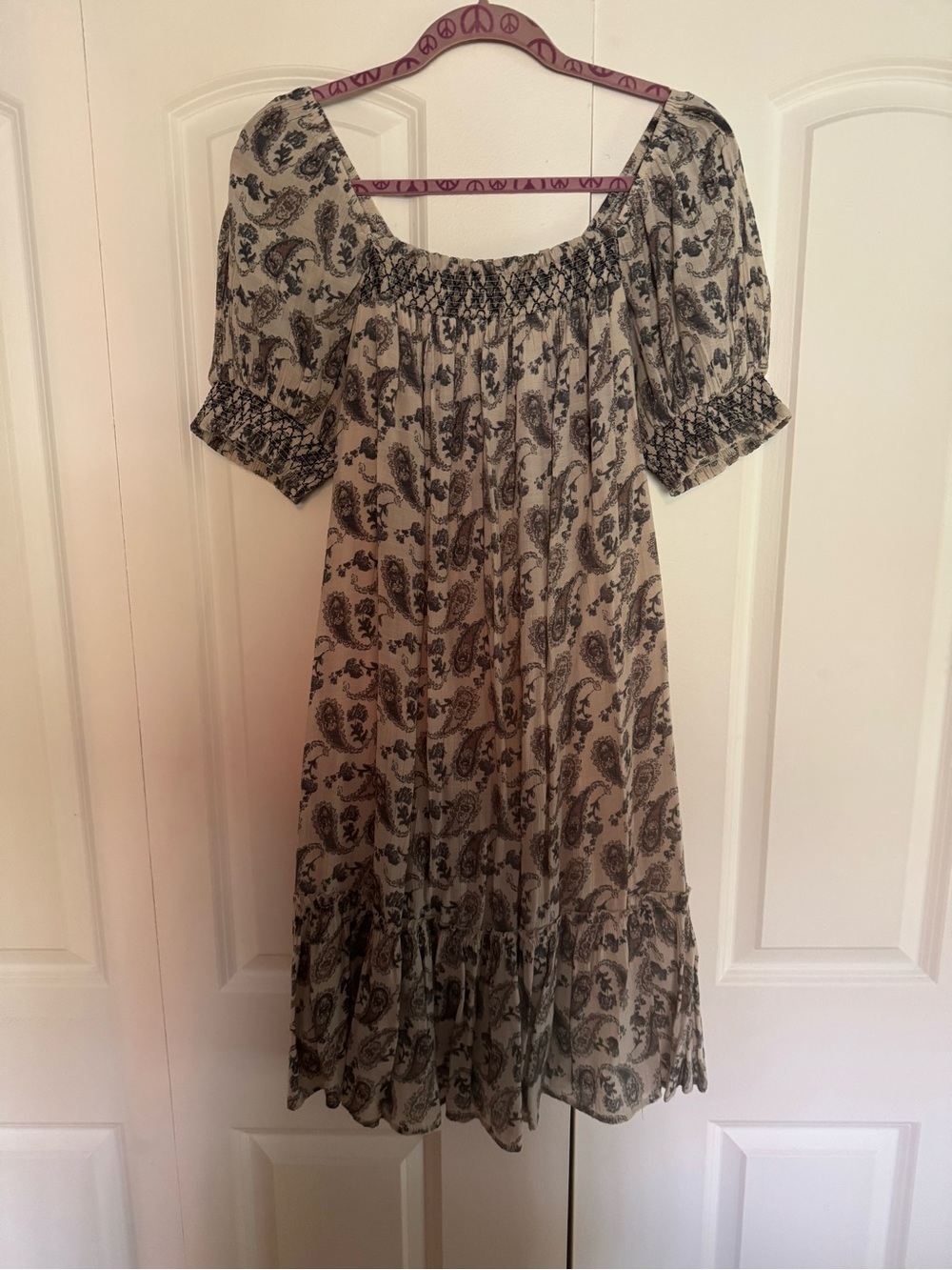 Cream and Black Paisley Smocked Midi Dress